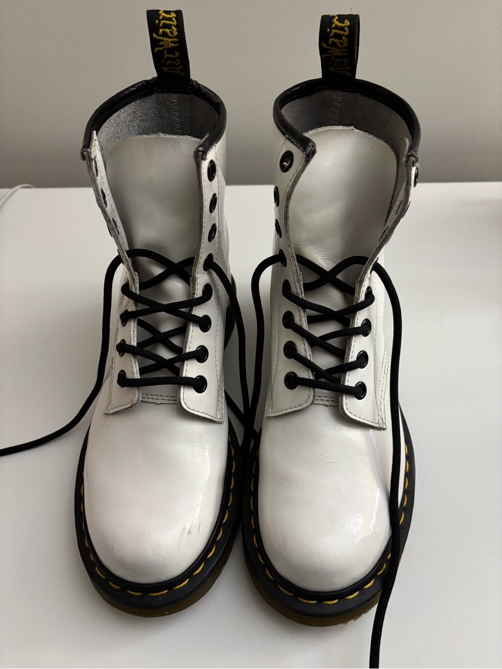 Dr. Martens White Leather Combat Boots with Black Laces